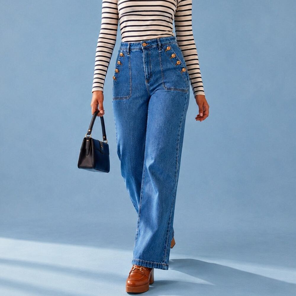 LOFT 70s Nautical Sailor Button Pocket High Rise Wide Leg Jeans 8/29